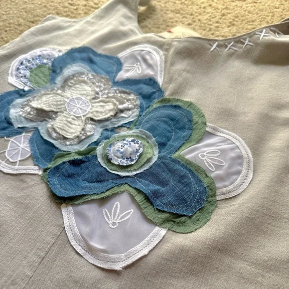 Organic Linen Cotton Romper Boho Handmade Floral Patch Lace Loose Fit S/M NWT - Picture 10 of 11